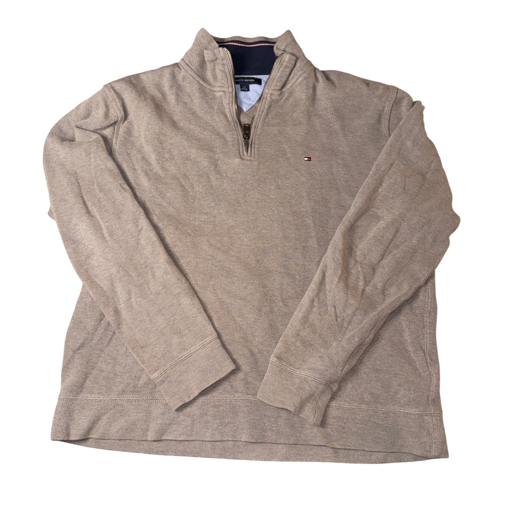 Tommy Hilfiger Mens Quarter Zip Pullover Sweater Tan Heather‎ Large Logo
